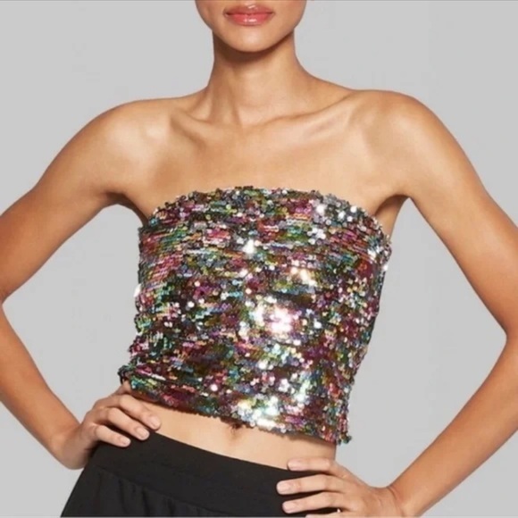wild fable Tops - Wild Fable Multicolor Sequin Top Size L Festival Clubwear Sparkly Strapless Y2K